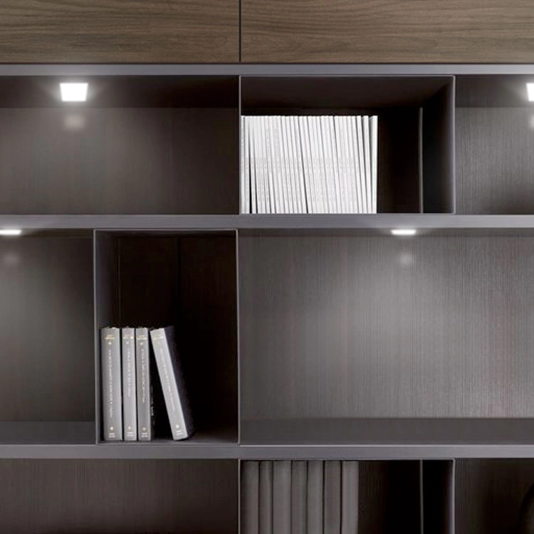 Estantería moderna gris con iluminación LED integrada - diseño de interiores minimalista